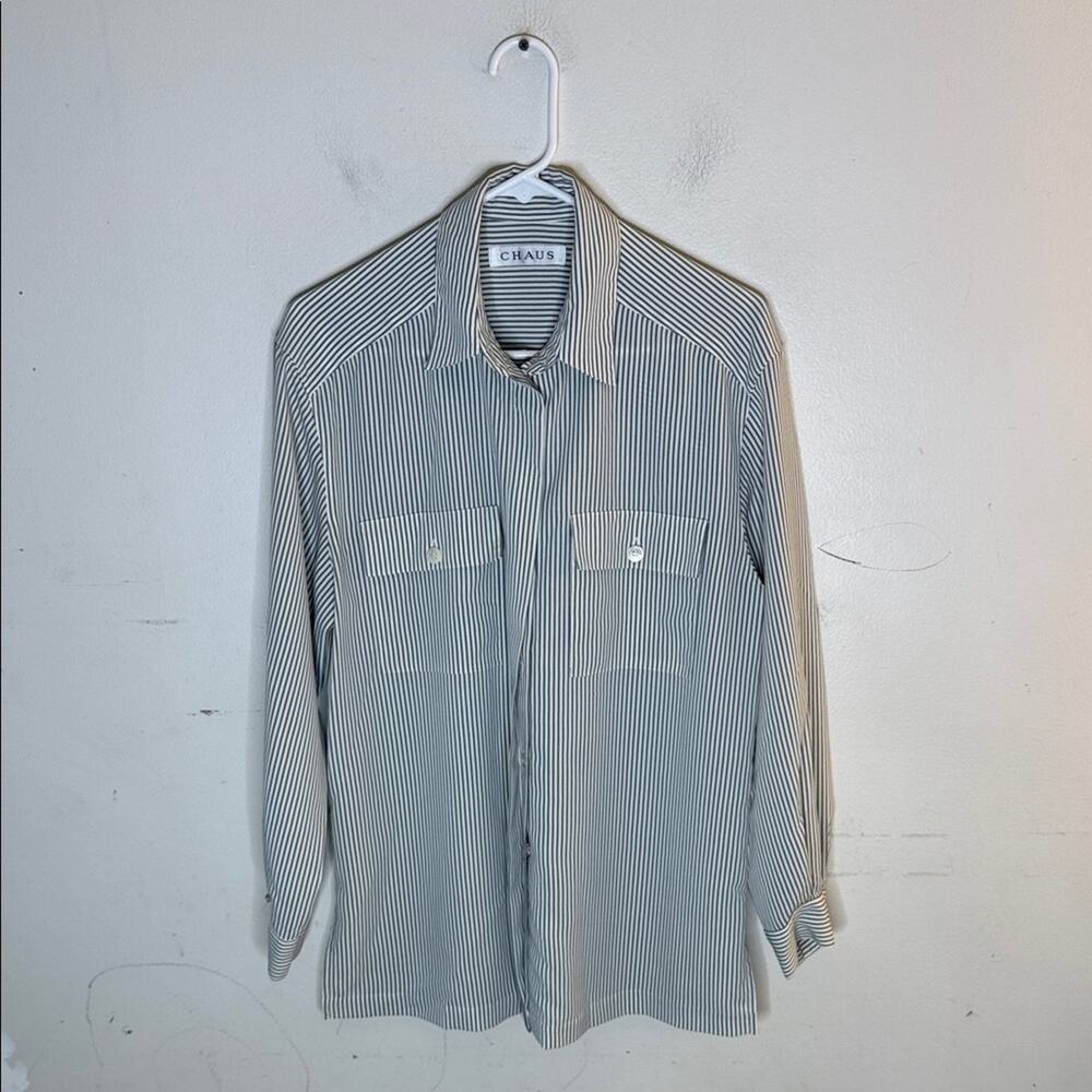 Chaus Gray and White Striped Button Front Long Sleeve Shirt Size 10